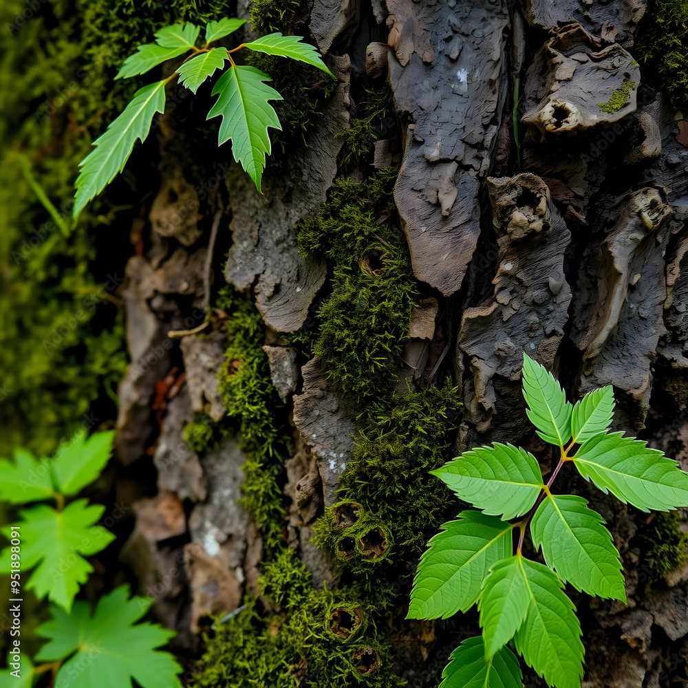 Fototapeta premium Detailed view of green leaves growing on a textured tree bark in nature
