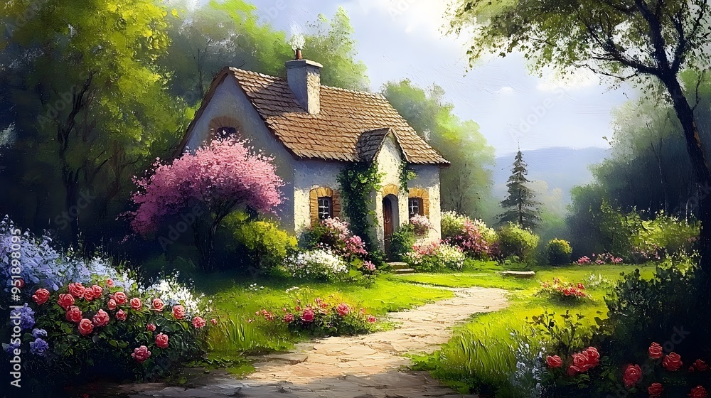 Beautiful Rose Garden Painting in Front of a Cozy Cottage