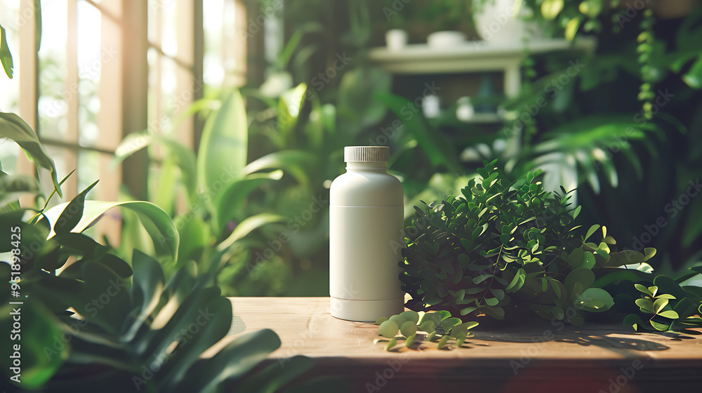 A white bottle sits on a wooden table surrounded by lush green plants, bathed in soft sunlight. A white bottle sits on a wooden table surrounded by lush green plants, bathed in soft sunlight.