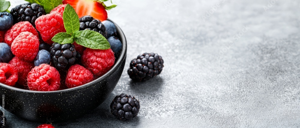 A bowl of ripe raspberries and blackberries garnished with fresh mint leaves against a gray concrete backdrop Text here A bowl of ripe raspberries and blackberries garnished with fresh mint leaves against a gray concrete backdrop Text here