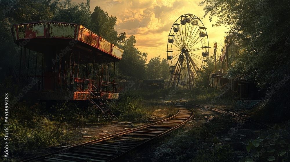 Naklejka premium A dilapidated amusement park bathed in the warm golden glow of sunset. The image features an old, rusted carousel on the left, overgrown with greenery and decay. In the background on the right side, t