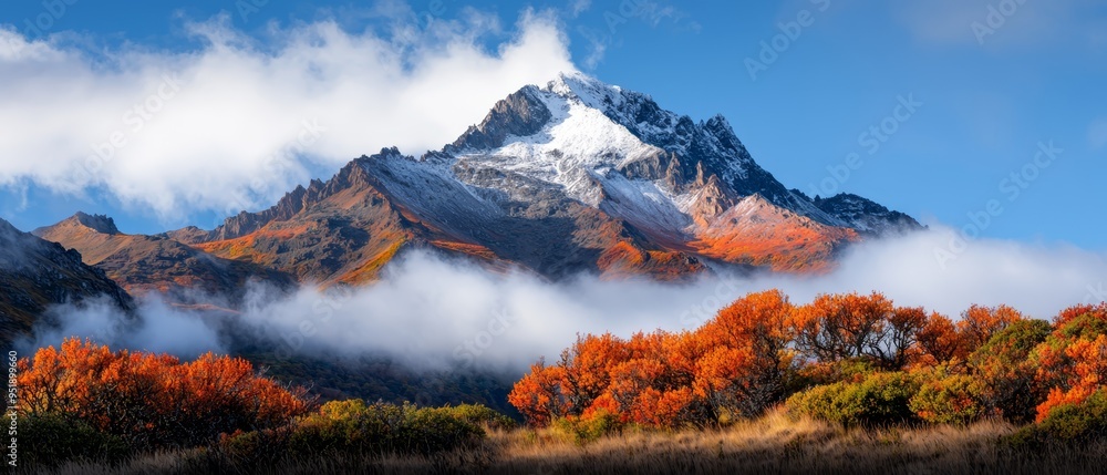 Fototapeta premium A mountain cloaked in clouds, foreground featuring orange-green leafed trees, background boasting a blue sky dotted with white clouds