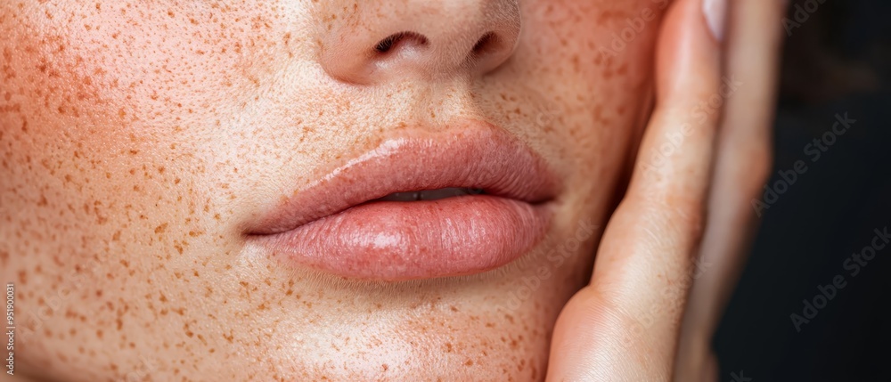 A tight shot of a woman's face, adorned with an abundance of freckles A tight shot of a woman's face, adorned with an abundance of freckles