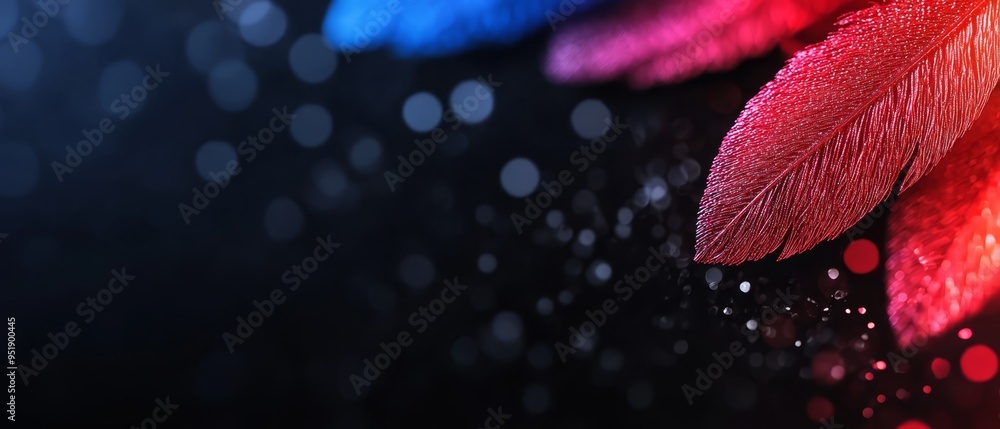 A tight shot of a red, blue, and green leaf against a black backdrop, surrounded by a softly blurred background A tight shot of a red, blue, and green leaf against a black backdrop, surrounded by a softly blurred background