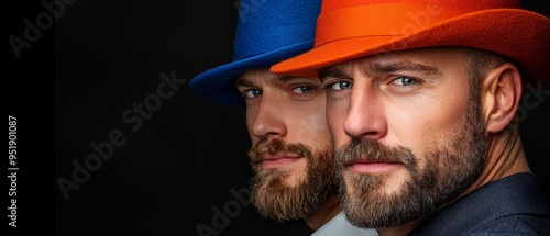  Two men, each sporting beards, don hats in shades of blue and orange photo