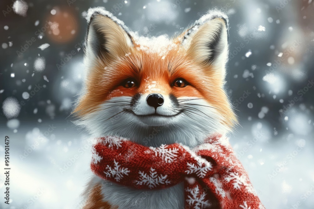 Fototapeta premium Adorable Christmas fox wearing a scarf and playing in the snow