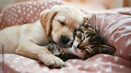 Wallpaper Mural A puppy and a kitten sleeping together on a bed, snuggled up to each other Torontodigital.ca