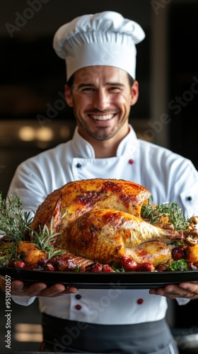 A smiling chef holding up a beautifully roasted turkey photo