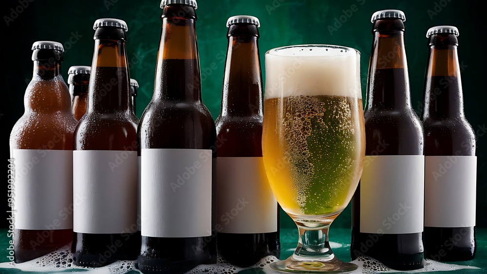 Close up view of bottles and glass of beer on dark green background Close up view of bottles and glass of beer on dark green background