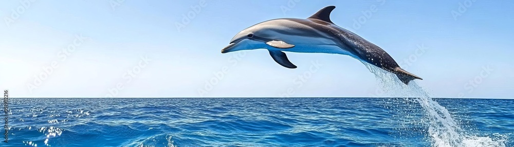 Obraz premium Dolphin mid-air during a leap over ocean waves, sparkling water and clear blue sky, symbolizing freedom and playfulness