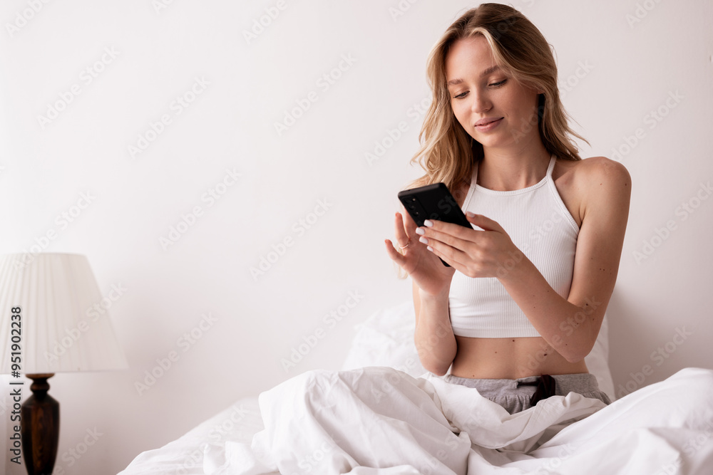 Young happy woman resting in her bedroom, sitting in bed and using smartphone, online shopping on mobile phone