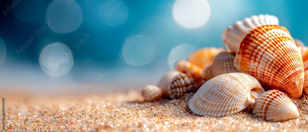 A stack of seashells sits atop a sandy beach, near a blue-and-white seagull A stack of seashells sits atop a sandy beach, near a blue-and-white seagull