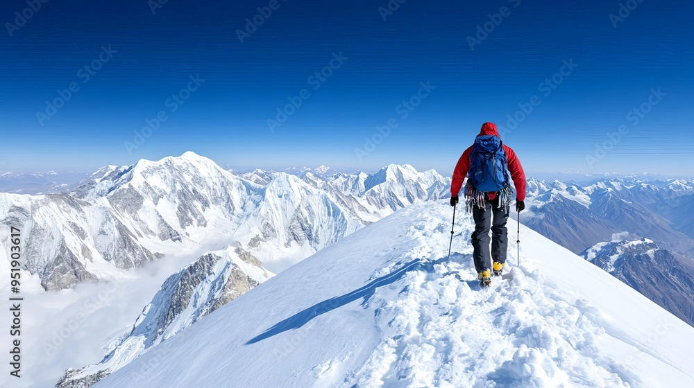 High-altitude trekking expedition across a snow-covered ridge with panoramic views of distant peaks High-altitude trekking expedition across a snow-covered ridge with panoramic views of distant peaks