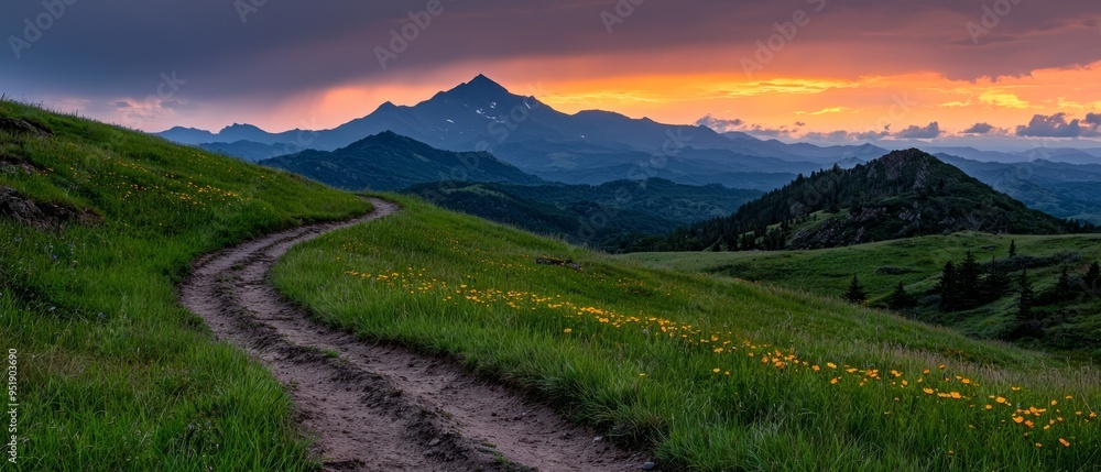A dirt path traverses a expansive grassy field, framed by a distant mountain range Yellow wildflowers dot the landscape in the foreground A dirt path traverses a expansive grassy field, framed by a distant mountain range Yellow wildflowers dot the landscape in the foreground