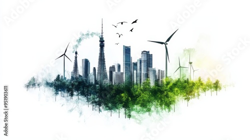 Cityscape with Wind Turbines and Green Trees.