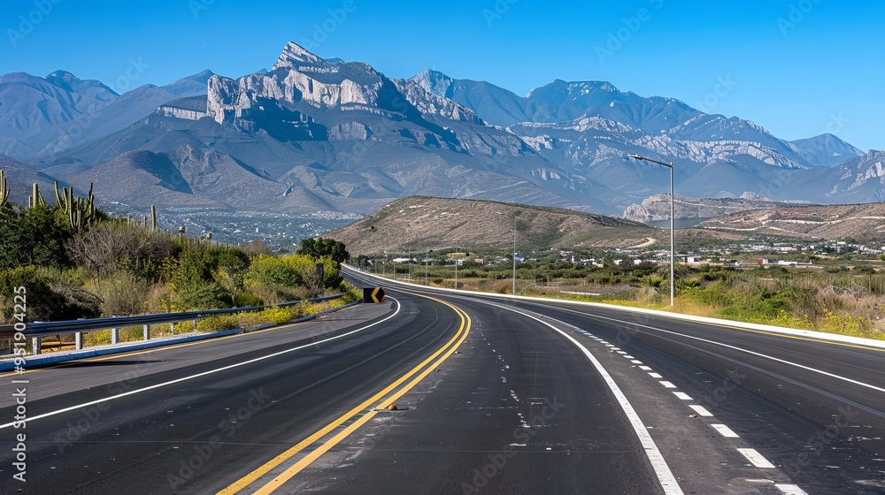 Naklejka premium A long road with a mountain range in the background