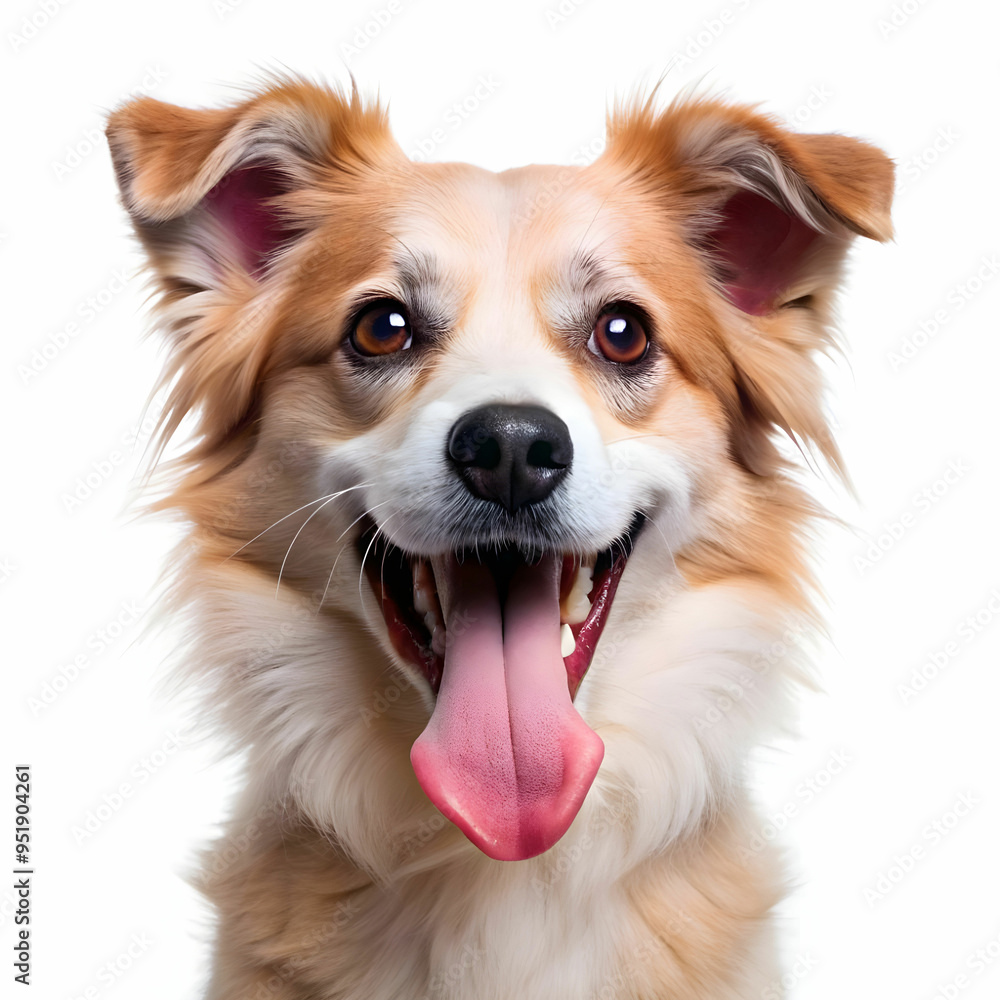 a dog with a pink tongue that is smiling on white background a dog with a pink tongue that is smiling on white background