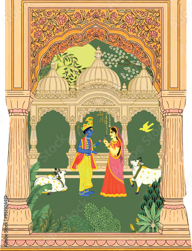 Taj Mahal Before Sunset,Agra city,india, Illustration of Indian Mughal architecture with arch, dome, garden, peacock, and parrot plant.