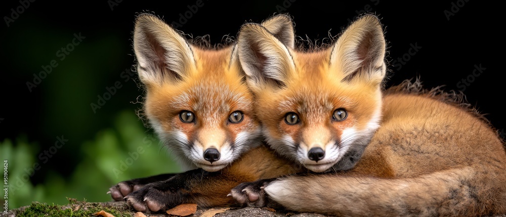 Two foxes seated side by side atop a mound of dirt, near a verdant plant Two foxes seated side by side atop a mound of dirt, near a verdant plant