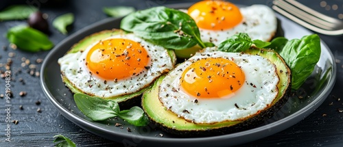 eggs and avocado, garnished with spinach leaves; fork and knife are placed nearby