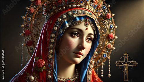 A beautiful portrait of the chiaroscuro Saint Mary with a golden halo, decorated with pearls, diamonds, and gems