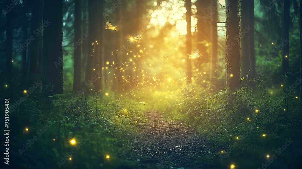 Abstract and magical image of Firefly flying in the night forest. Abstract and magical image of Firefly flying in the night forest.