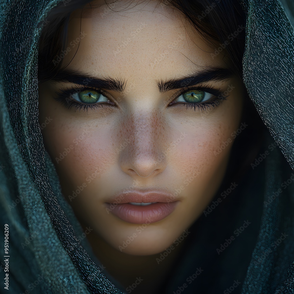 Beautiful young woman in dark shawl, green eyes, in desert at night with dramatic lighting. Beautiful young woman in dark shawl, green eyes, in desert at night with dramatic lighting.