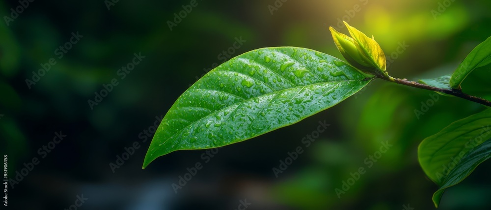 A tight shot of a green leaf on a tree branch, adorned with water droplets, against a soft, indistinct backdrop A tight shot of a green leaf on a tree branch, adorned with water droplets, against a soft, indistinct backdrop