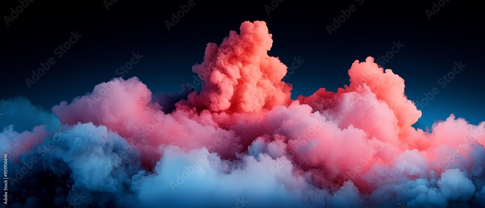 A cluster of clouds against a blue backdrop; a pink cloud stands centrally in the sky A cluster of clouds against a blue backdrop; a pink cloud stands centrally in the sky