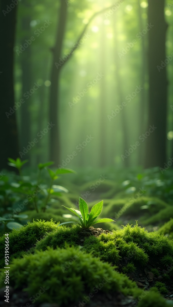 Fototapeta premium Young plant sprouting in a mossy forest, bathed in soft sunlight
