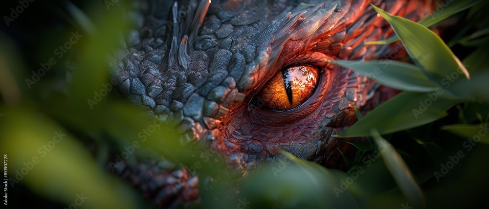 A tight shot of a dragon's eye with surrounding greenery - plants and leaves encircling the eye closely A tight shot of a dragon's eye with surrounding greenery - plants and leaves encircling the eye closely