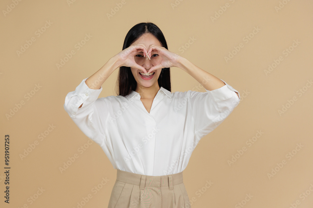 Smiling Woman Forming Heart Shape with Hands, Beige Background Smiling Woman Forming Heart Shape with Hands, Beige Background