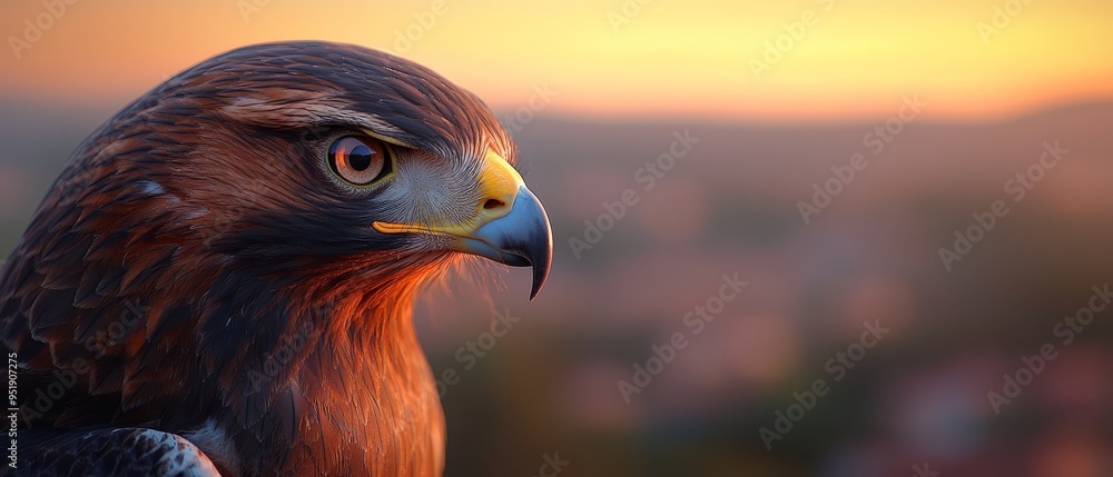 A tight shot of a bird of prey against a backdrop of a cityscape A tight shot of a bird of prey against a backdrop of a cityscape