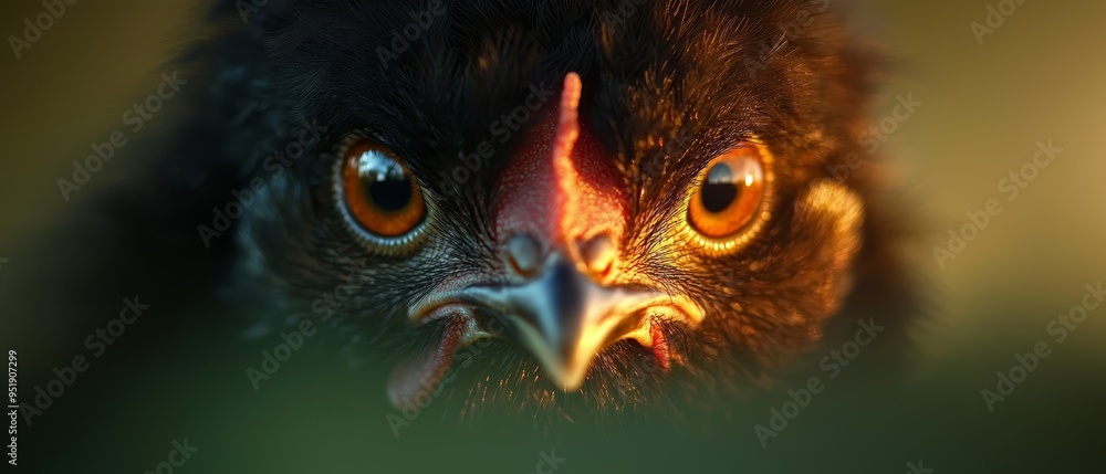 A bird's face in close-up, intensely focused, background softly blurred A bird's face in close-up, intensely focused, background softly blurred