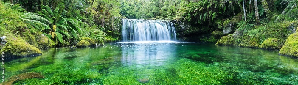 Fototapeta premium Majestic waterfall in an untouched forest, with pristine surroundings, vibrant greenery, and crystal-clear water