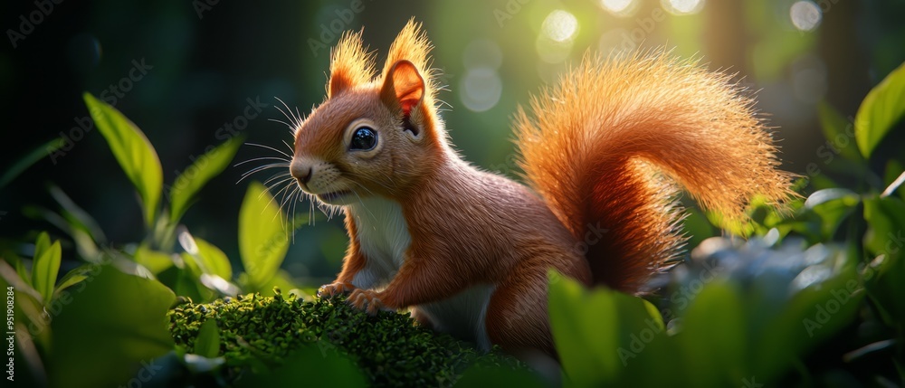 A red squirrel atop a verdant forest, teeming with numerous leafy green plants, under a radiant background light A red squirrel atop a verdant forest, teeming with numerous leafy green plants, under a radiant background light