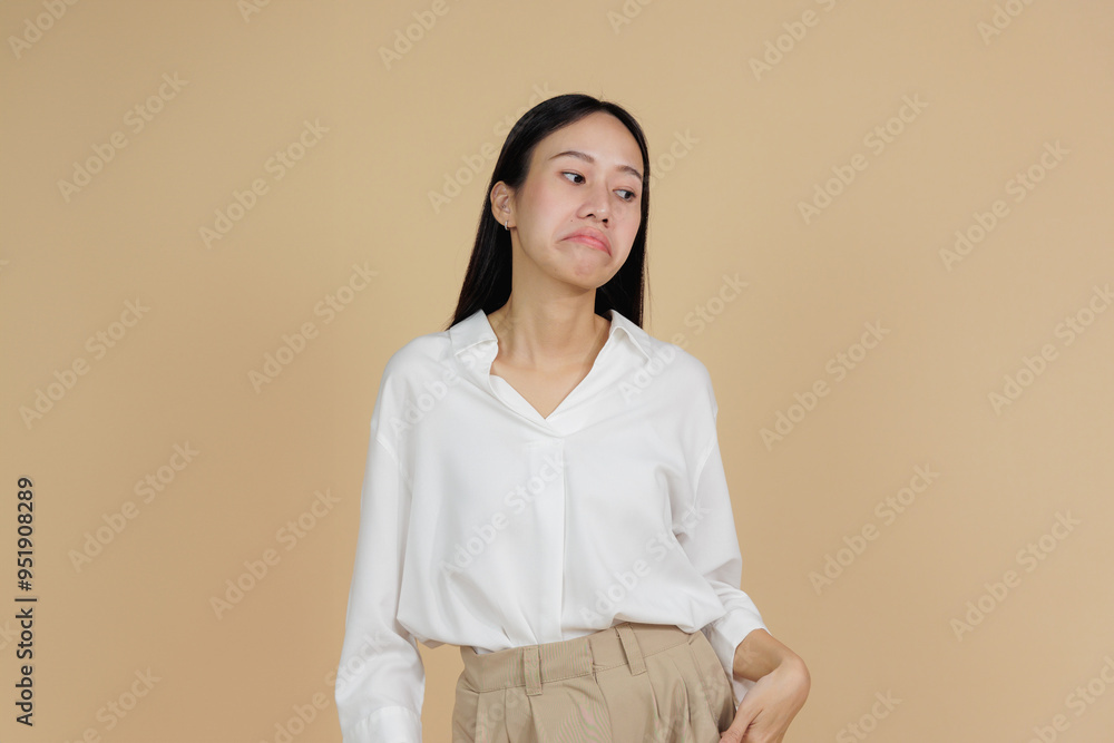 Disappointed Woman with Pursed Lips, Beige Background Disappointed Woman with Pursed Lips, Beige Background