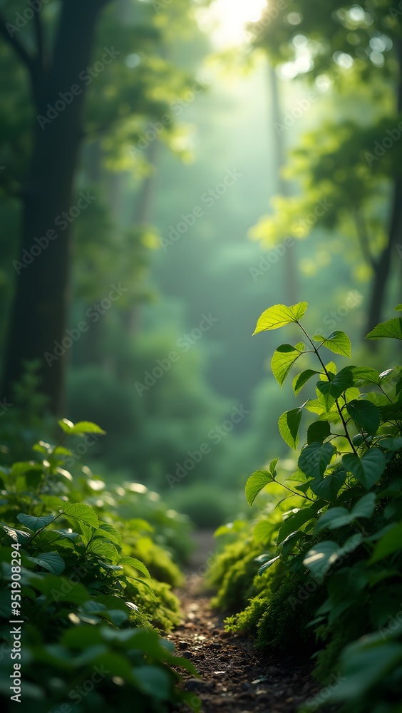 Fototapeta premium Narrow forest path surrounded by lush greenery, bathed in soft morning sunlight