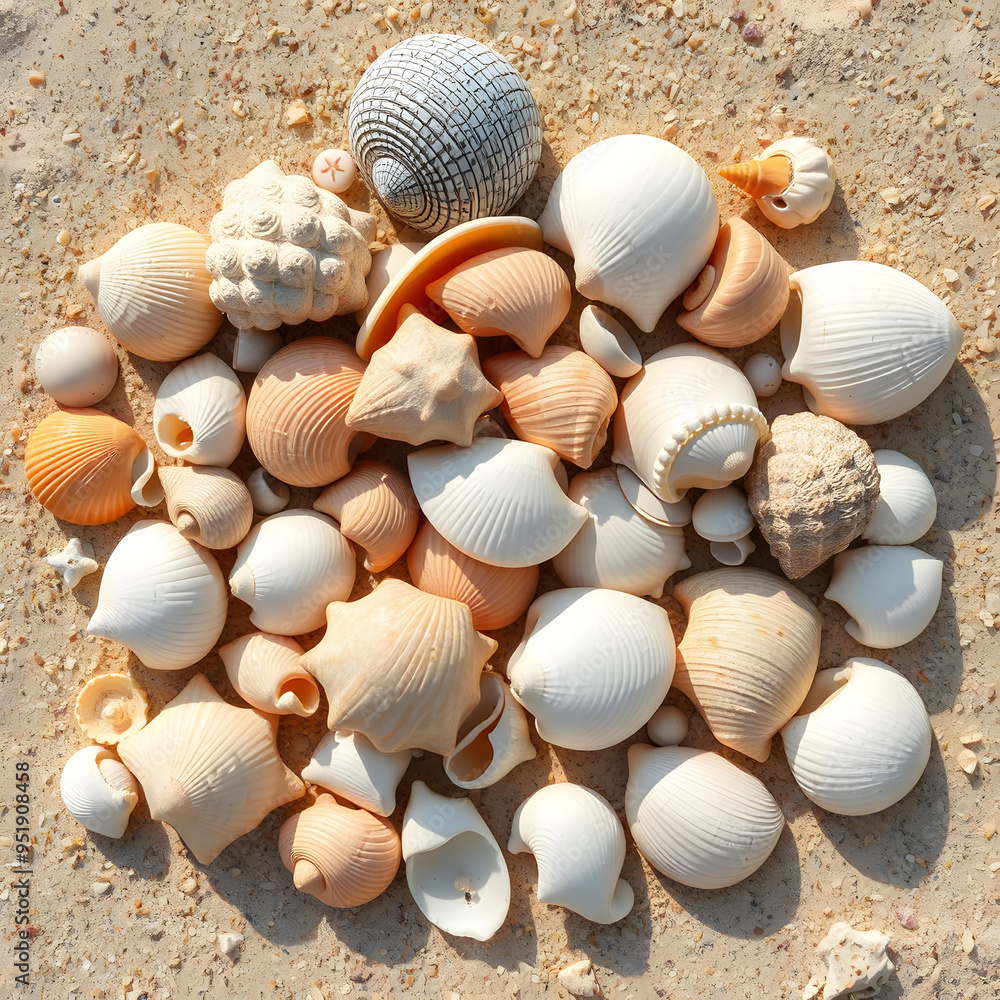 Unique collection of seashells arranged on sandy beach during daylight Unique collection of seashells arranged on sandy beach during daylight