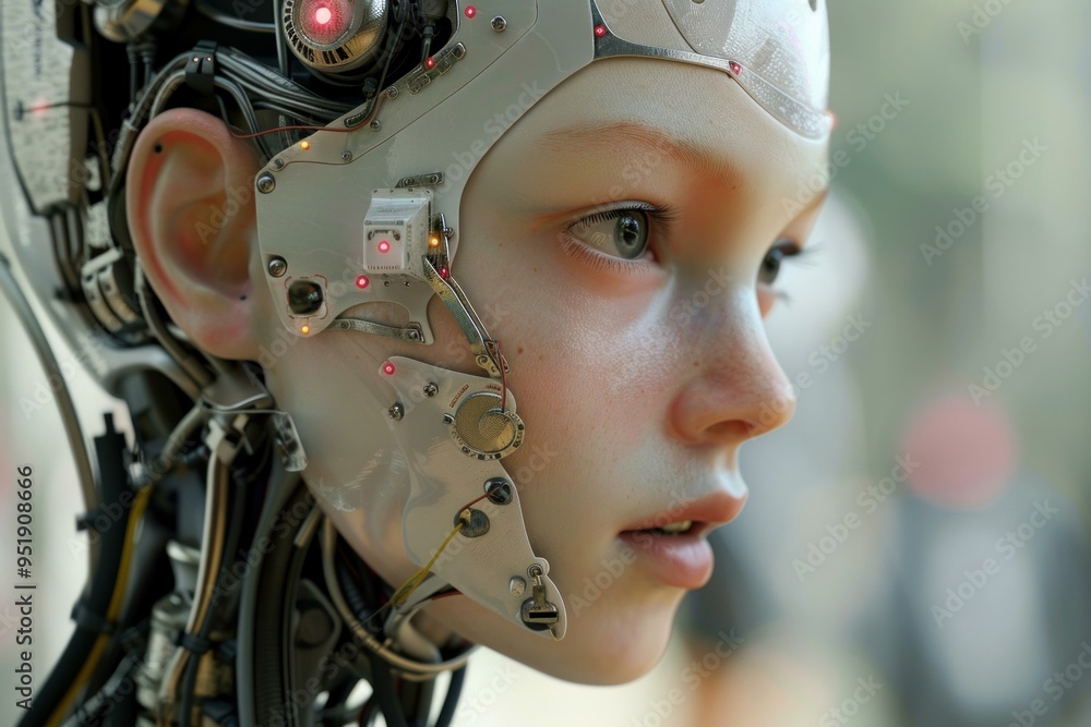 Fototapeta premium Close up of a young cyborg girl with artificial intelligence showing her human side