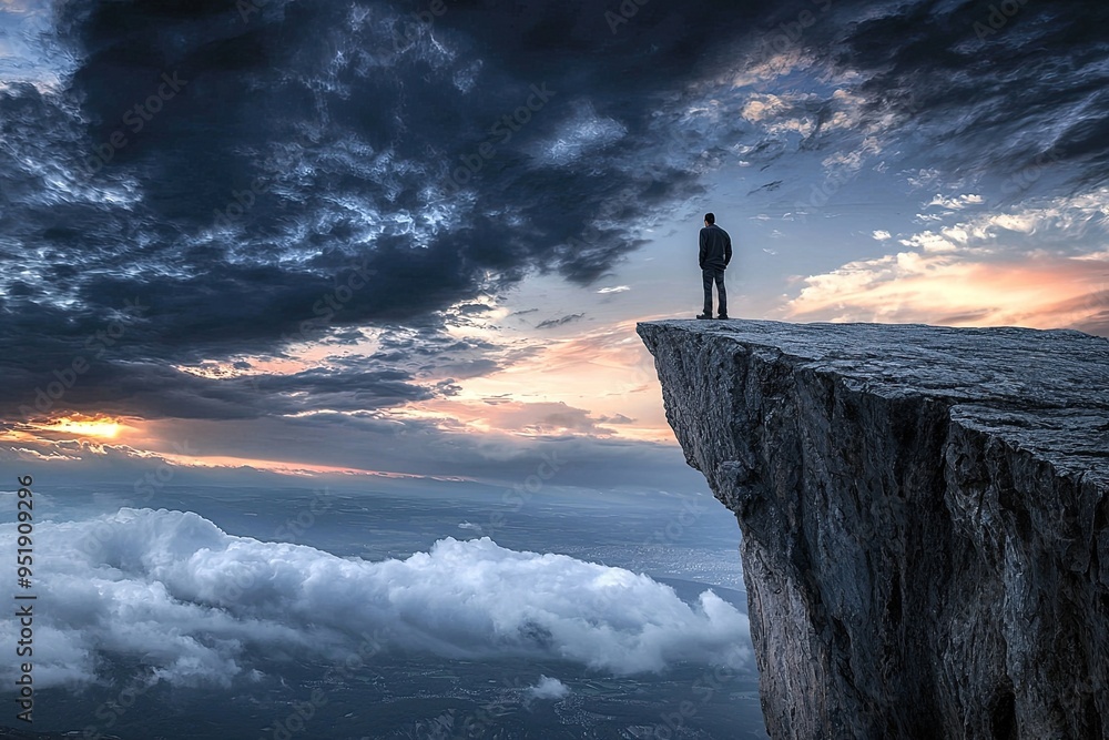 A lone figure stands at the edge of a majestic cliff, overlooking a vast and dramatic landscape under a stormy sky. A lone figure stands at the edge of a majestic cliff, overlooking a vast and dramatic landscape under a stormy sky.