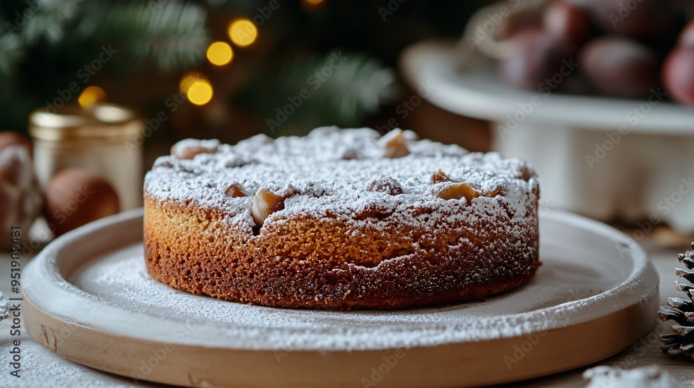 Italian chestnut cake with a dusting of powdered sugar, served on a ceramic plate with a cozy kitchen backdrop Italian chestnut cake with a dusting of powdered sugar, served on a ceramic plate with a cozy kitchen backdrop