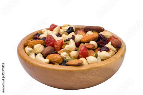 Mix nuts in wooden bowl isolated on white background with clipping path. photo