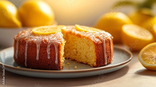 Italian lemon ricotta cake with a drizzle of lemon glaze, served on a ceramic plate with a bright, sunny backdrop photo