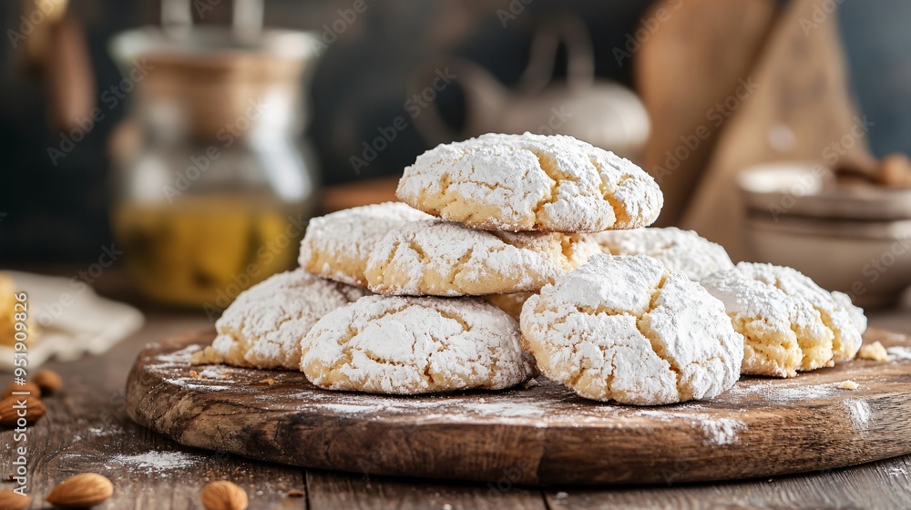Fototapeta premium Italian ricciarelli almond cookies, arranged on a rustic wooden board with a soft focus kitchen backdrop