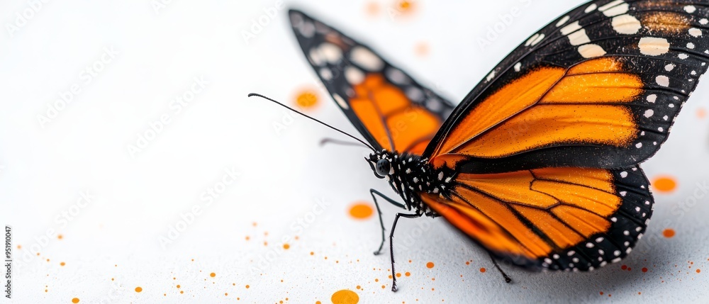 A detailed shot of a butterfly sporting orange specks on orange wings and a contrasting black-and-white pattern A detailed shot of a butterfly sporting orange specks on orange wings and a contrasting black-and-white pattern