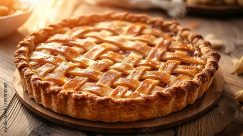 Italian ricotta pie with a lattice crust, set on a wooden table with a warm, sunlit backdrop