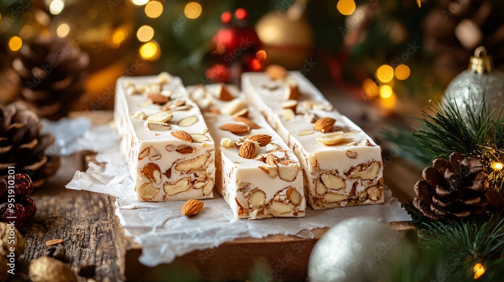 Italian torrone nougat with almonds and honey, wrapped in parchment paper with a traditional festive backdrop Italian torrone nougat with almonds and honey, wrapped in parchment paper with a traditional festive backdrop