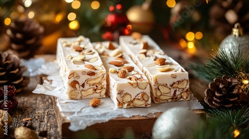 Italian torrone nougat with almonds and honey, wrapped in parchment paper with a traditional festive backdrop