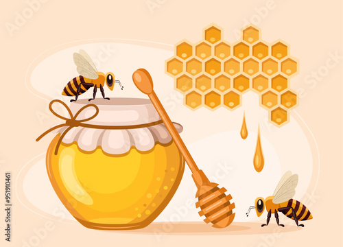 Jar with honey, spoon, bee and honeycomb with drops of honey. Concept of production and sale of honey, nutrition and healthy lifestyle. Advertising banner, label for honey trade. Vector illustration.